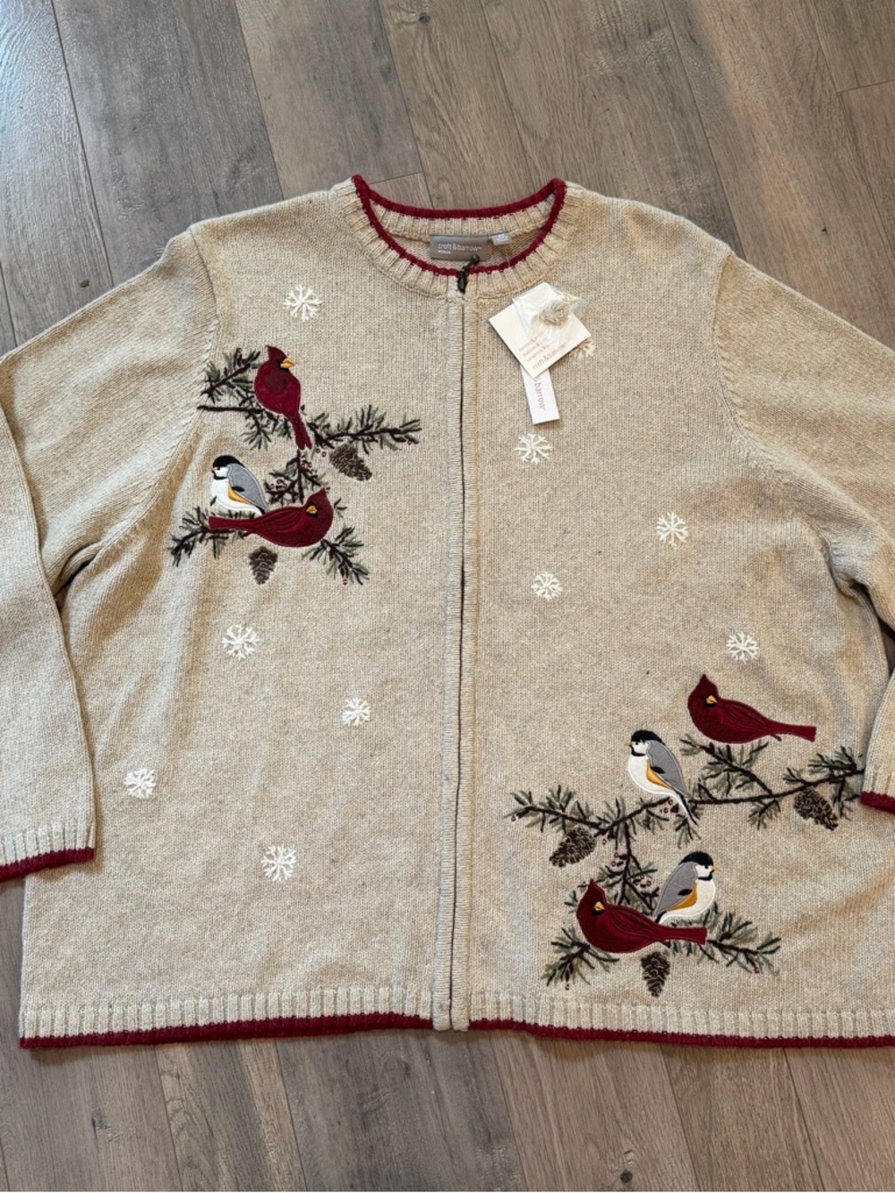 Croft & Barrow Womens Cardigan Sweater Silk Blend Holiday Embroidery Cardinal 3X